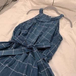 A-line windowpane belted dress